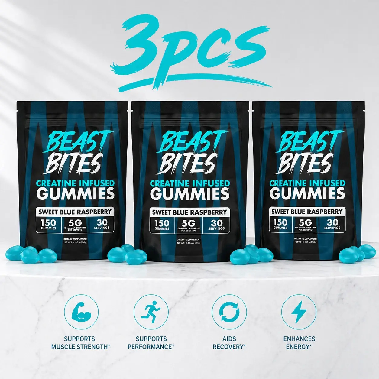 3 PACKS-Beast Bites Creatine Infused Gummies Sweet Blue Raspberry – 30 Servings