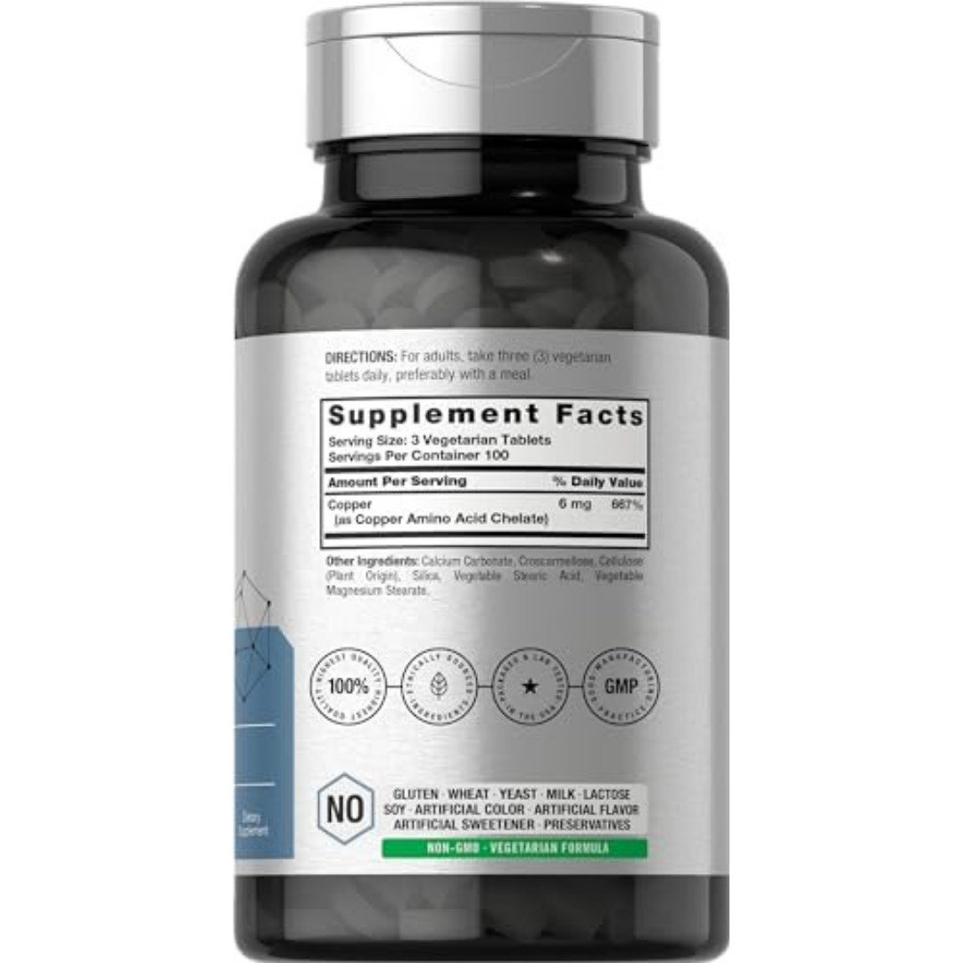 Chelated Copper | 6 mg | 300 Tablets | Vegetarian, Non-GMO | by Horbaach
