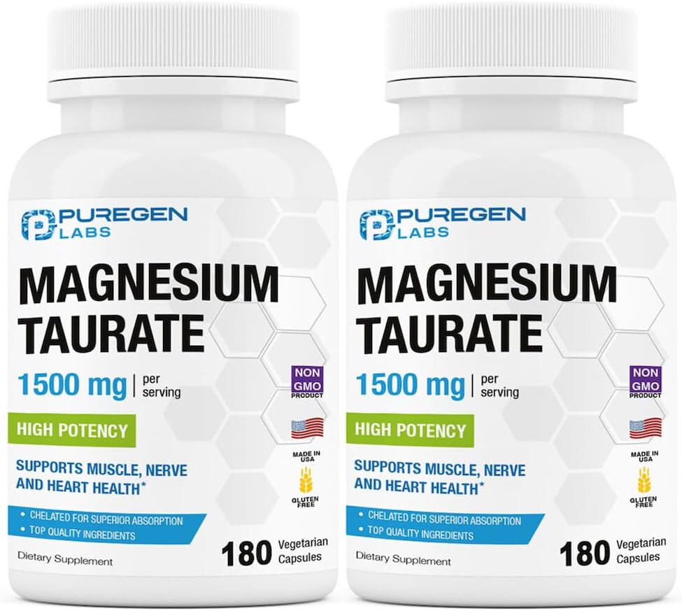 Puregen Labs Magnesium Taurate 1500mg per Serving High Potency 180 Caps 2 pk