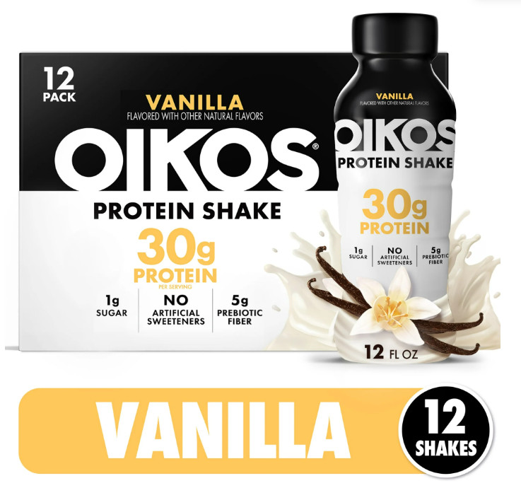 Oikos Protein Shake Vanilla Shelf Stable 30g 12oz 12 Pack Bottles