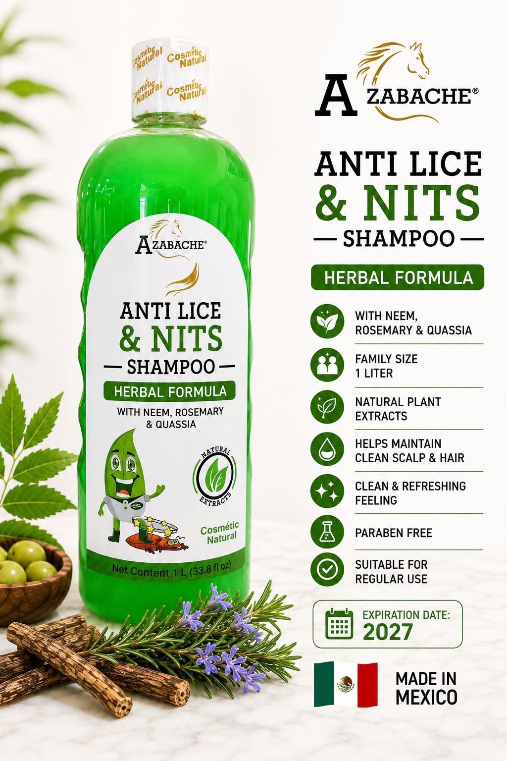 Azabache Lice & Nits Botanical Shampoo 1L Neem, Rosemary, Non-Toxic Family Size