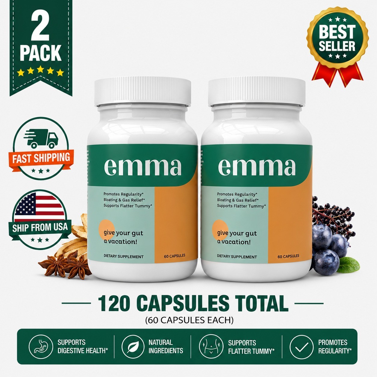 Emma Gut Health Supplement 2 Pack 60 Capsules Each Digestive Wellness Support