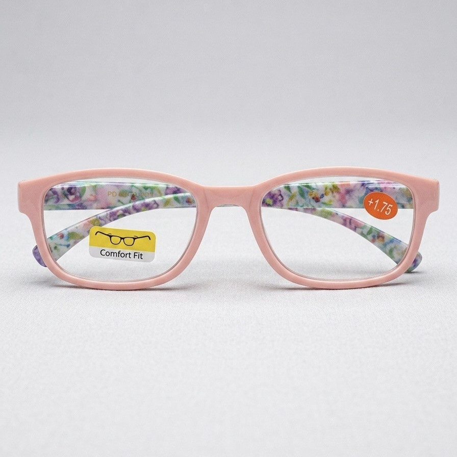 Women Rectangle Reading Glasses +1.75, Pink Floral Comfort Fit Plastic Frame