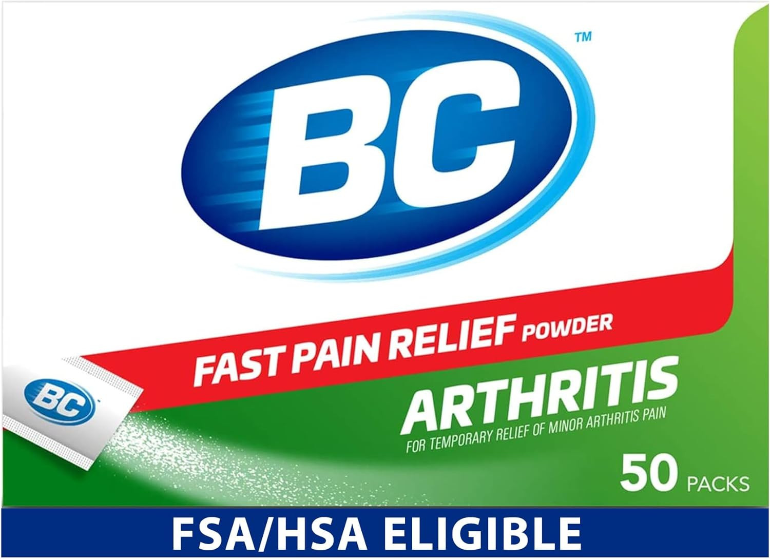 BC Powder Fast Pain Relief Arthritis Aspirin (NSAID) & Caffeine 50 Count