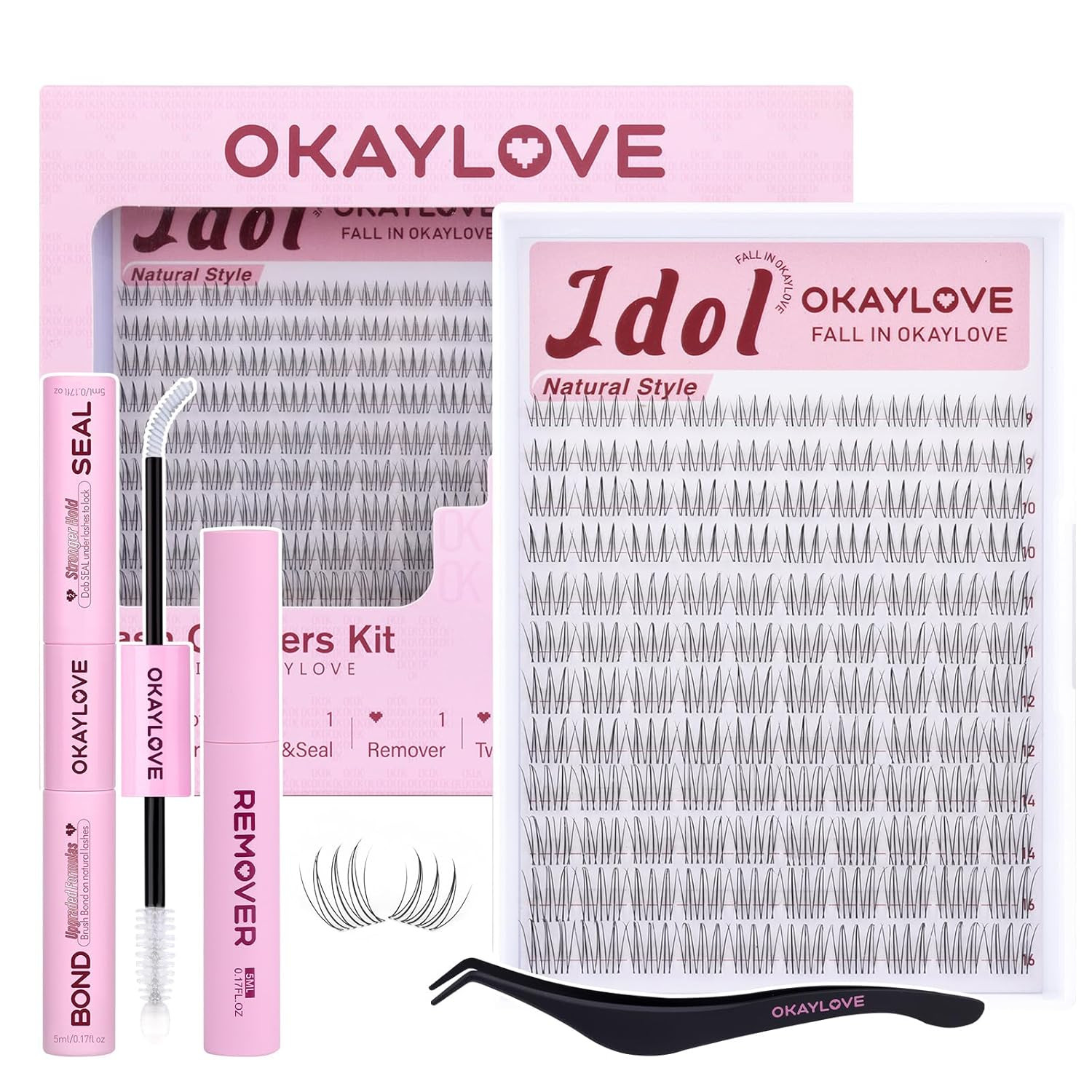 OKAYLOVE Idol Lashes Clusters Kit Clear Band Eyelash Clusters Kit CC Curl 9-16mm