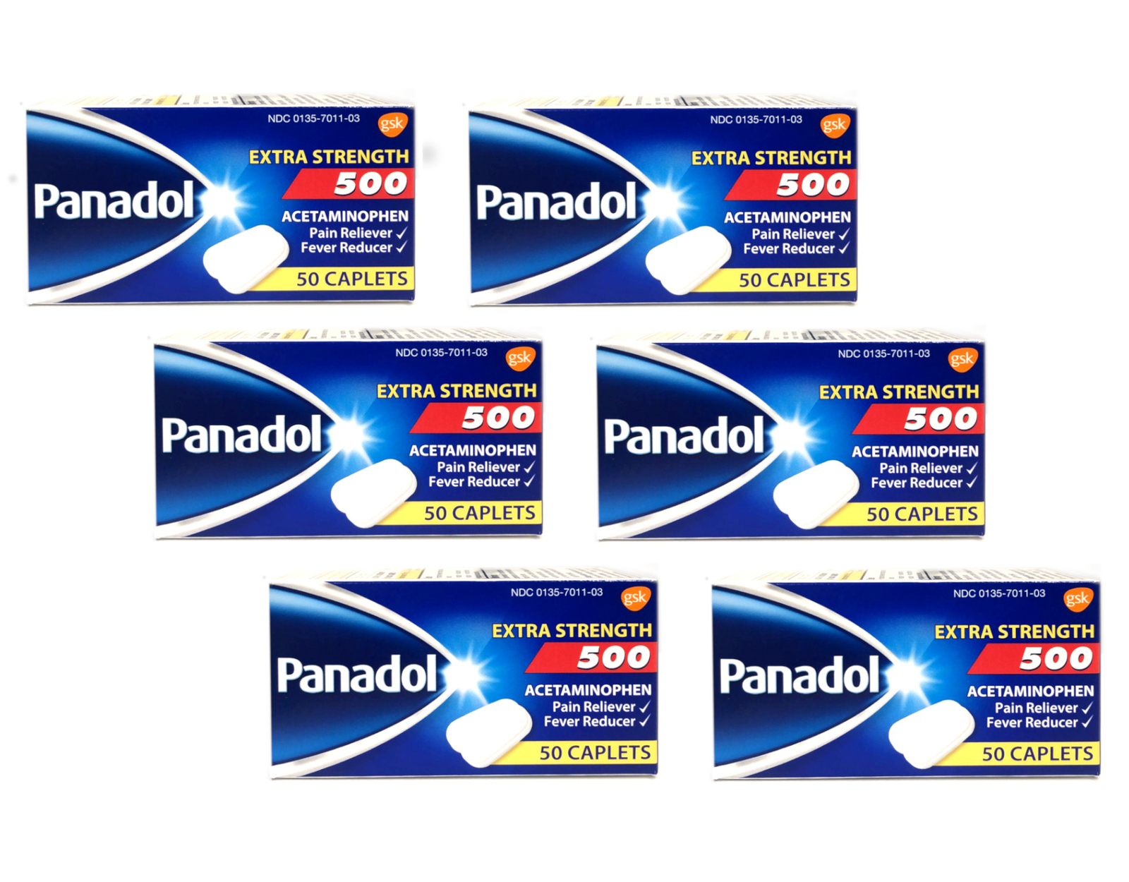 Panadol Extra Strength 500mg Acetaminophen, 50 Caplets – Pack of 6