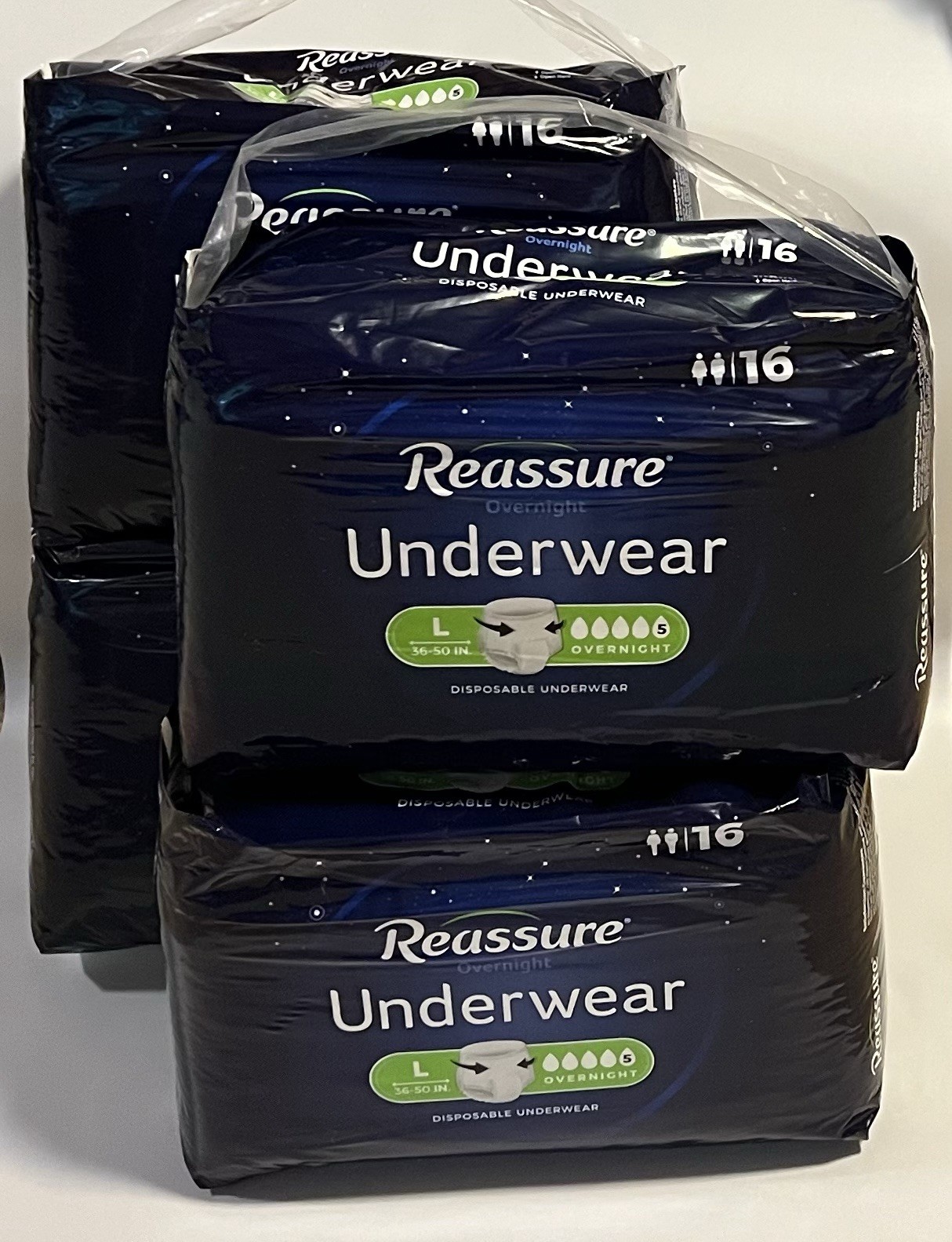 Reassure Unisex Adult Overnight Underwear Size L 36”-50” ~ 4 Packs (16 ea) = 64