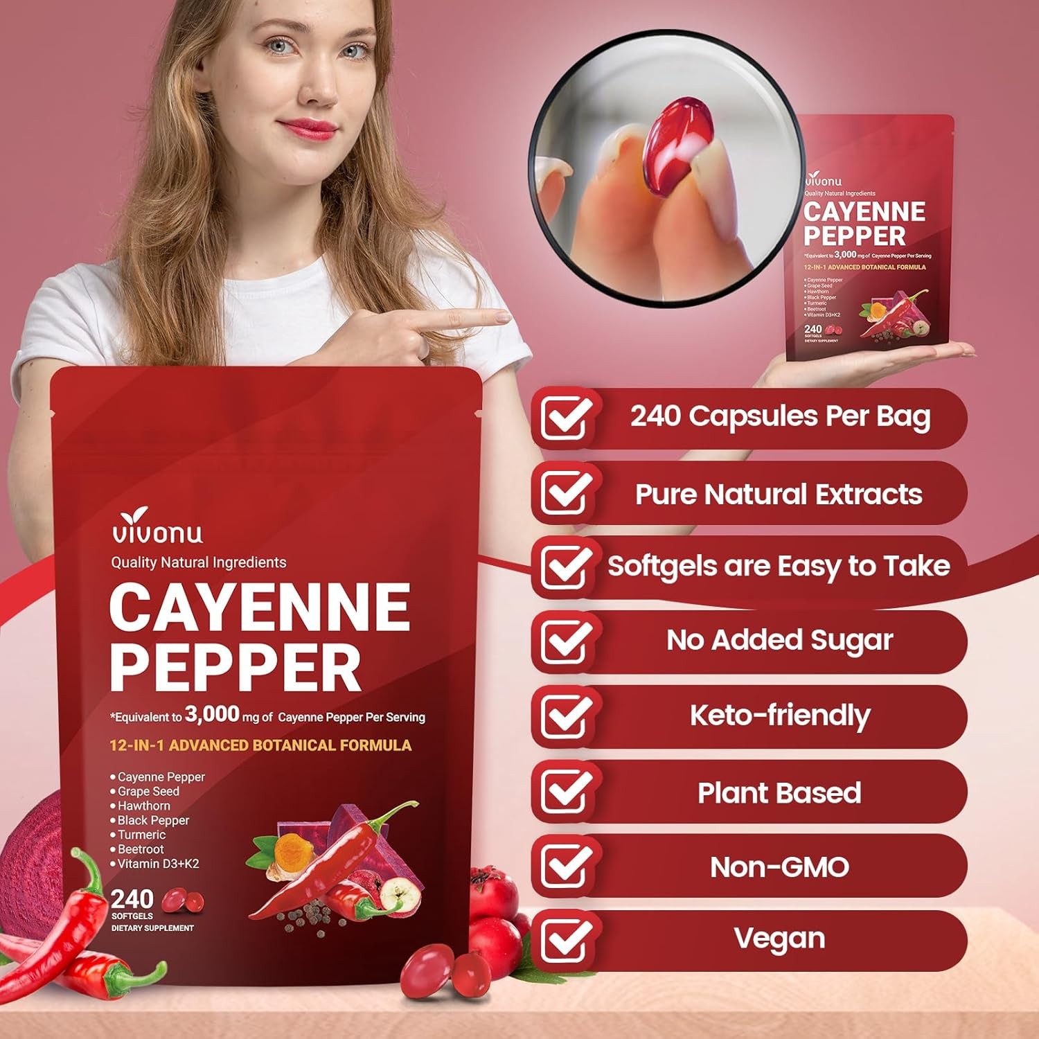 VivoNu Cayenne Pepper Softgels Supplement, Supports Leg Vein, Heart and Blood Ve