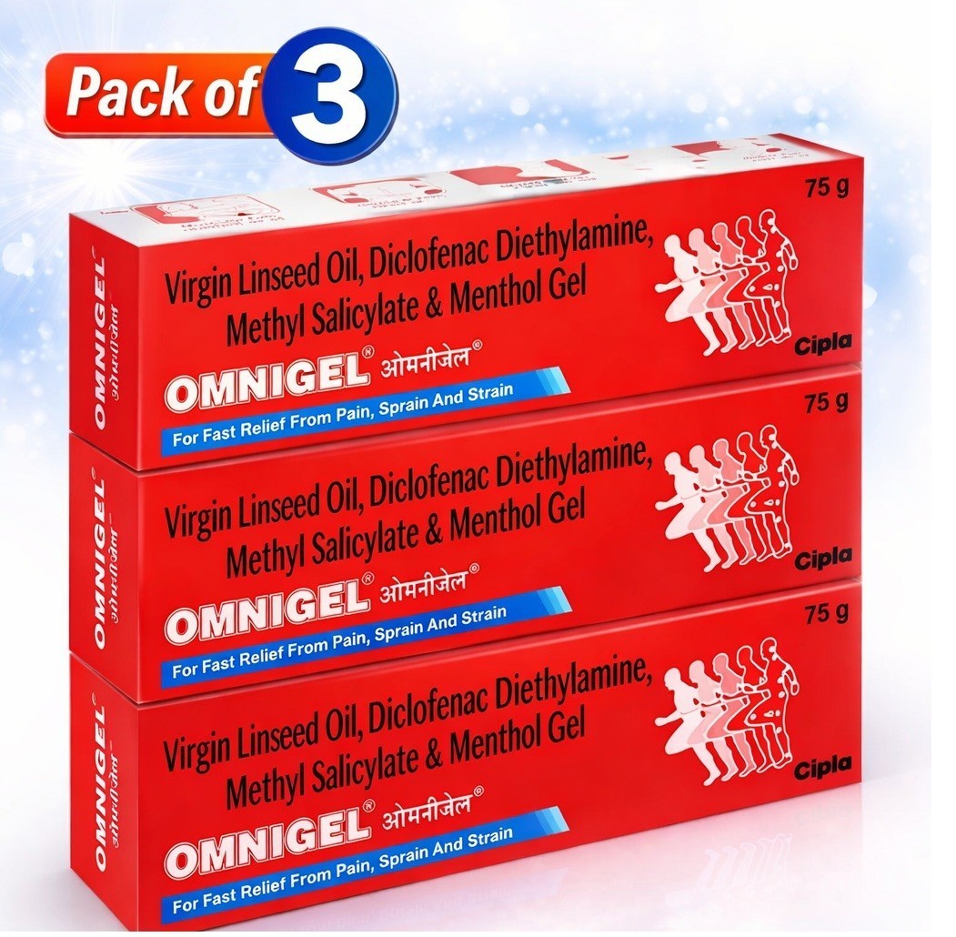 3 X Cipla Omnigel Tube 75 gm for Pain Relief (Pack of 3 X 75g Each) With Menthol