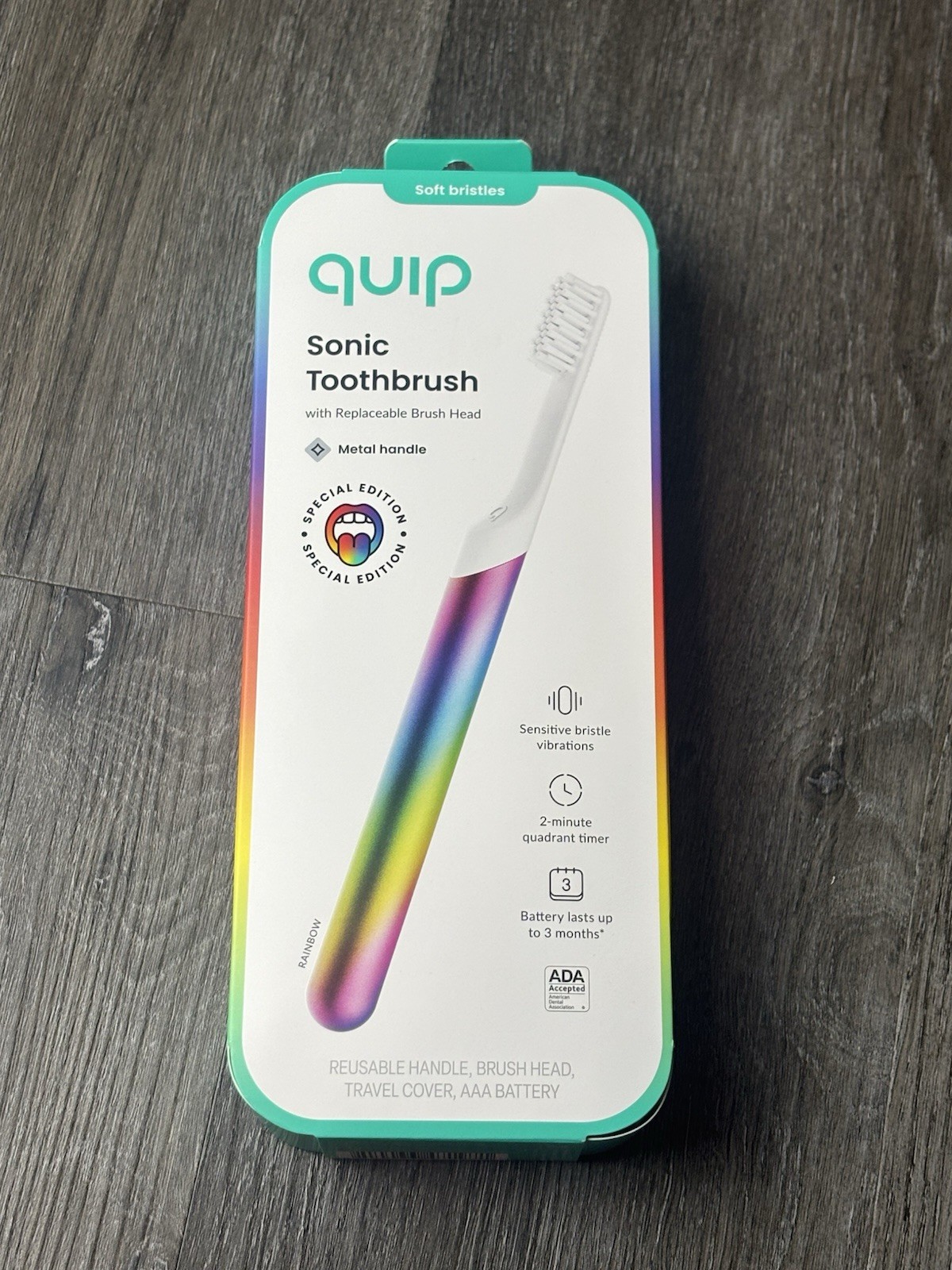 Quip Sonic Toothbrush Rainbow Metal Handle Soft Bristles Special Edition