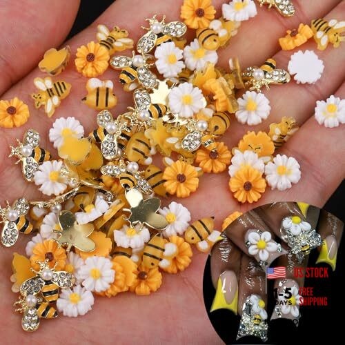 Tiny Bee Nail Art Charms Resin Cartoon Daisy Flower Nail Gems 3D Gold Alloy