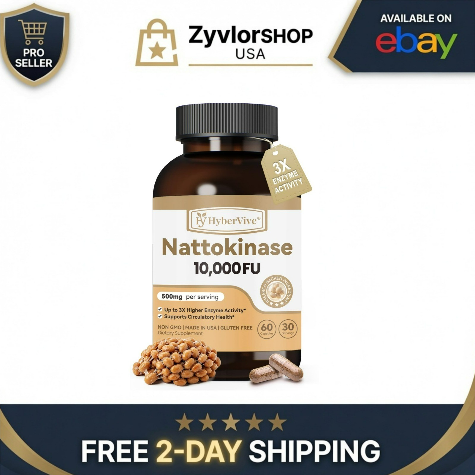 HyberVive Nattokinase Supplement 10,000 FU 500mg – 60 Vegan Capsules