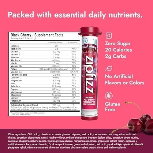 Zipfizz Daily Energy Drink Powder, Black Cherry, 20 Pack 3-in-1 Sustained Energ