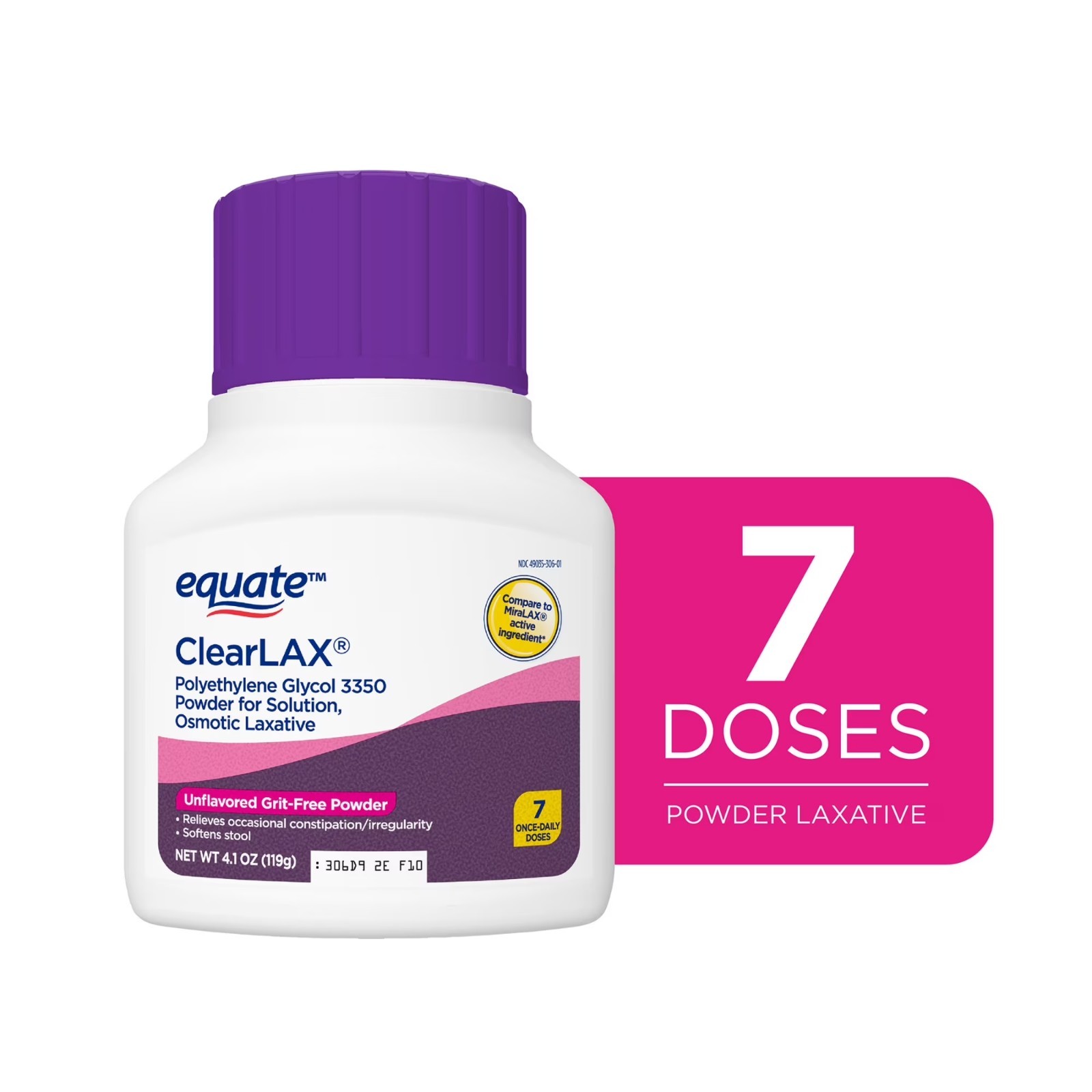 Equate ClearLAX Polyethylene Glycol 3350 Powder Unflavored 7 Doses vs MiraLAX
