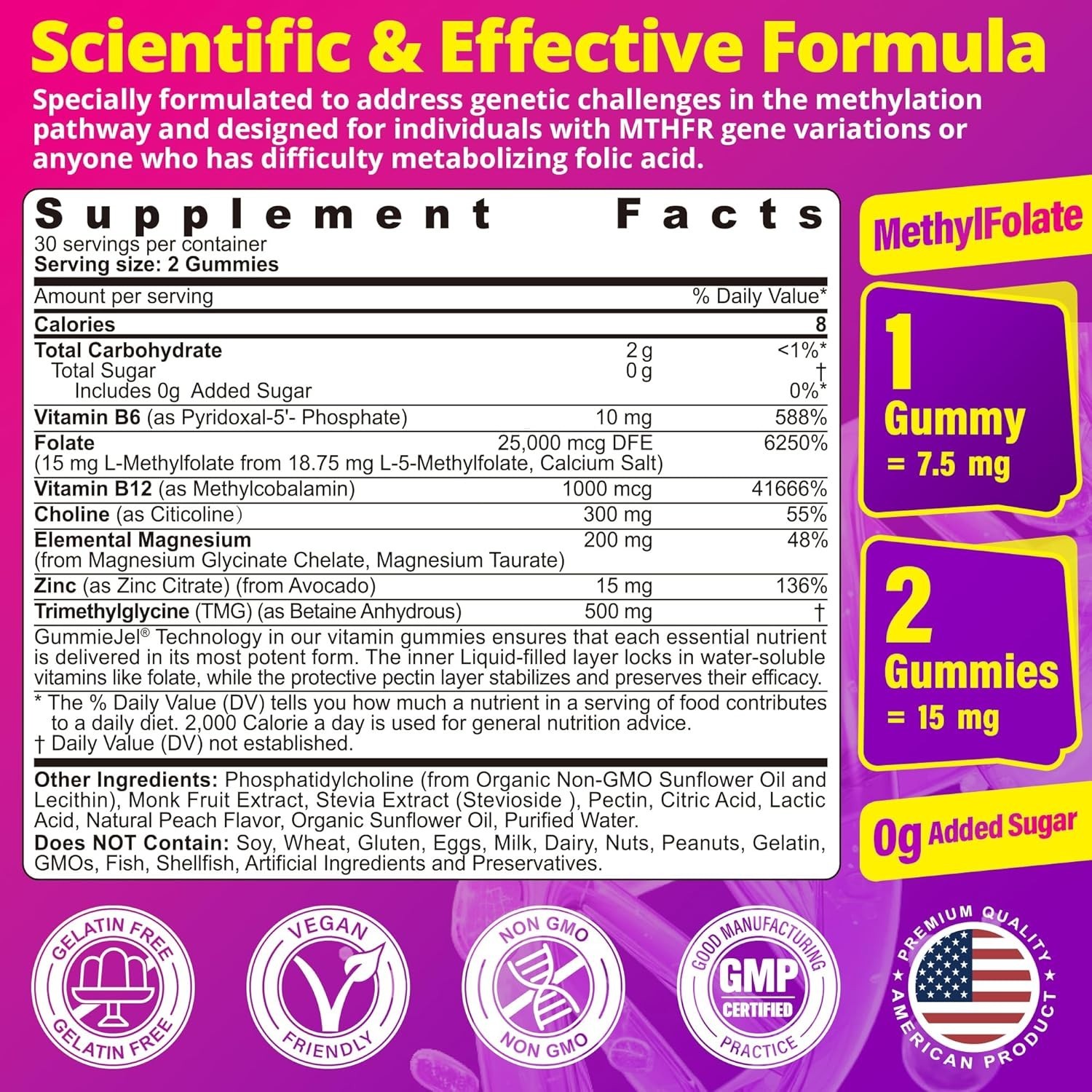 L-MethylFolate 15mg 7.5mg & B12 1000 mcg Gummies,Sugar Free Complex + TMG, Ma