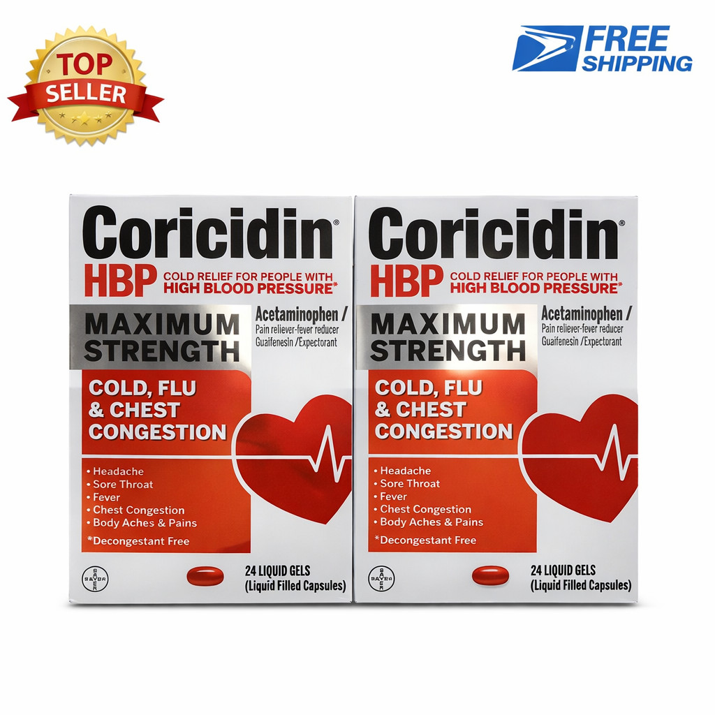 2 pack Coricidin HBP Maximum Strength Cold Flu Chest 24 Liquid gel caplets