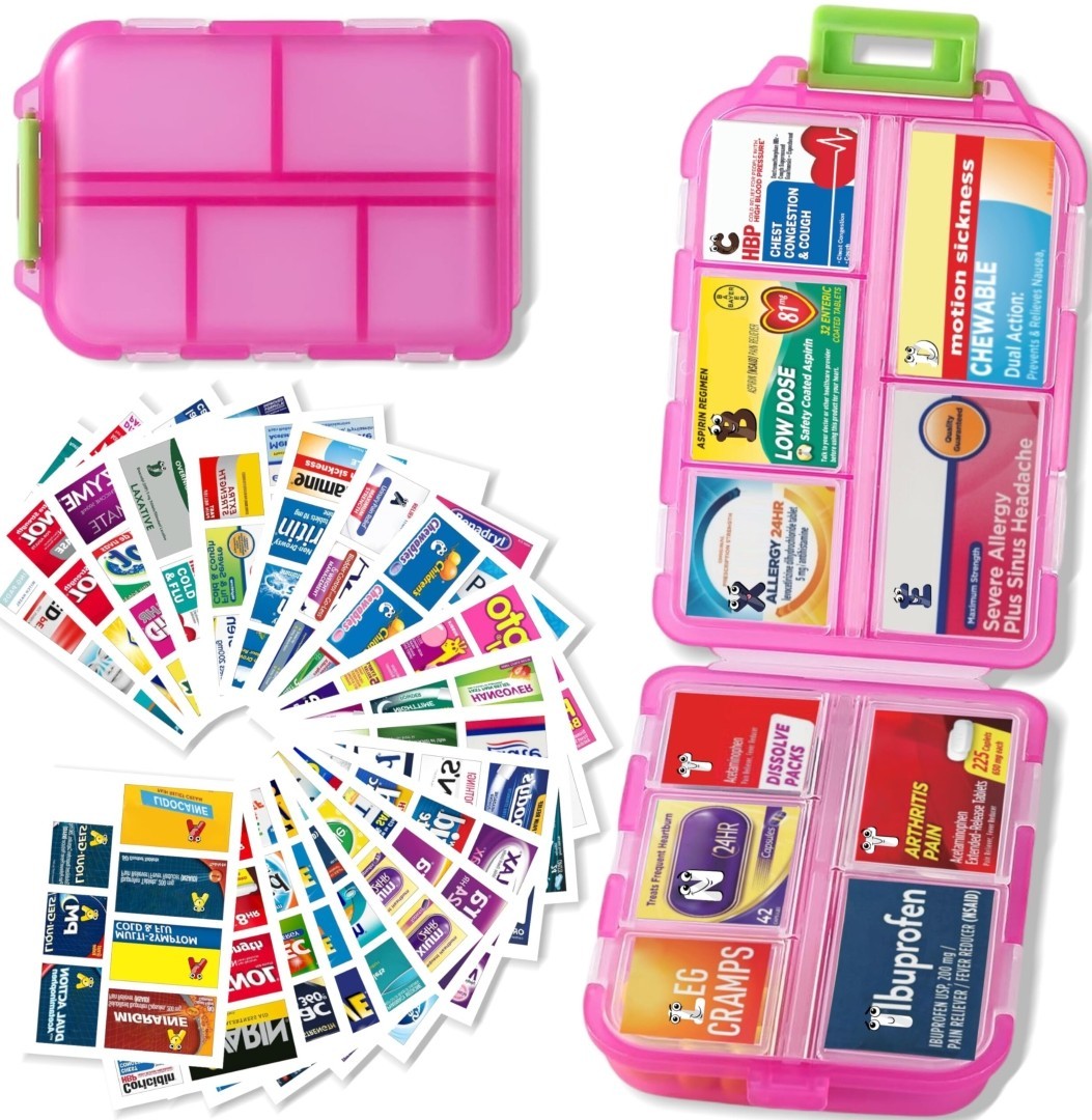 Pill Organizer with Medicine Labels Travel Daily Pill Container(Pink & 161 Label