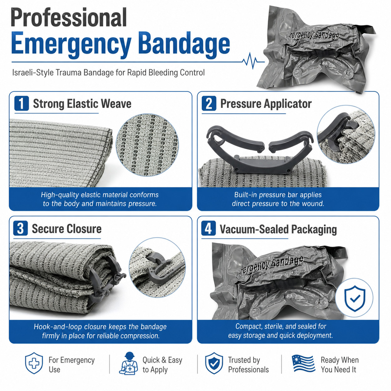 6 PACK 4″ Trauma Bandage Emergency Israeli Style Battle Wound Dressing First Aid