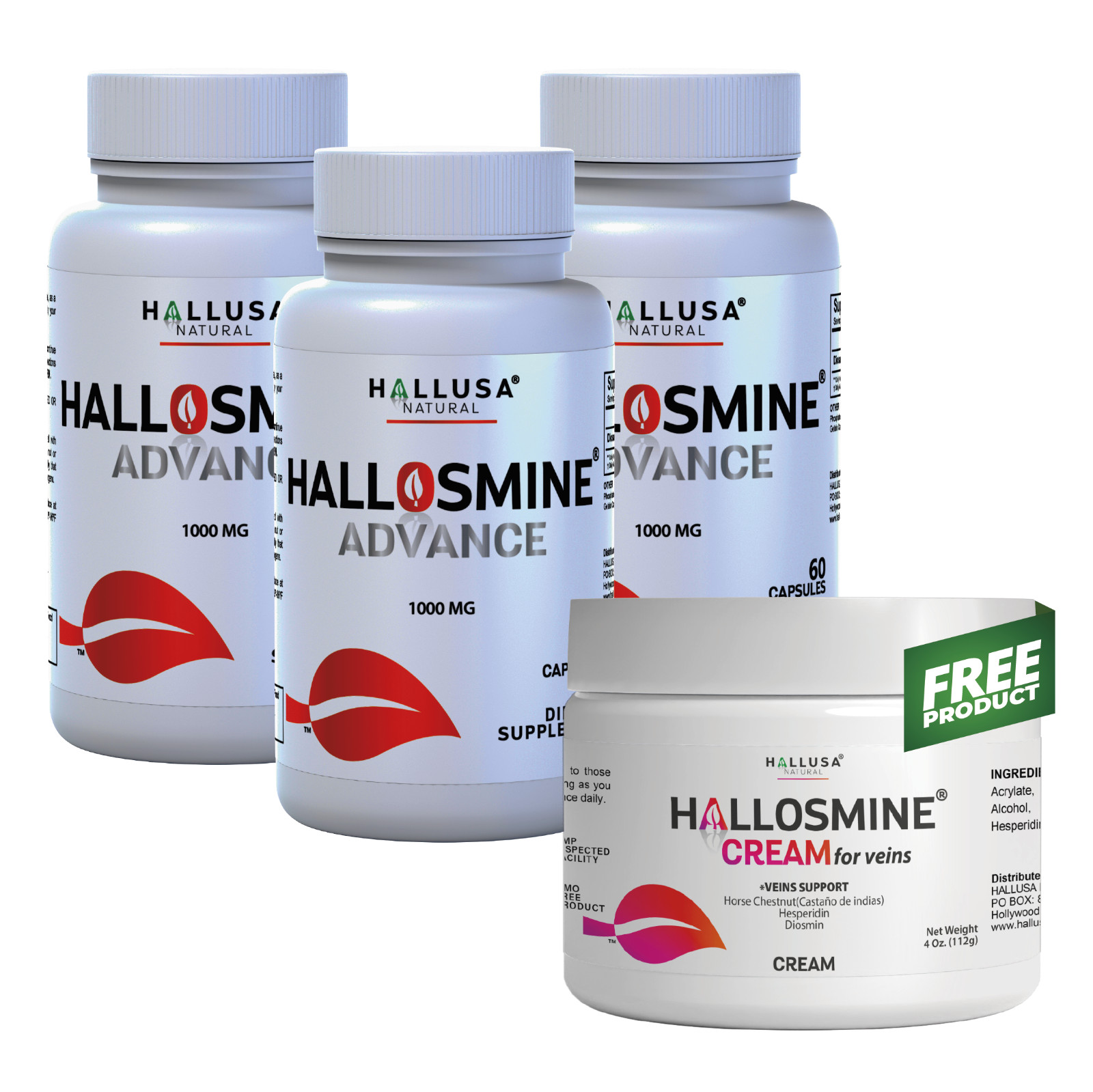 Hallosmine ADVANCE Diosmin 1000mg + FREE Cream Veins 4 oz, 03 Bottles – 180 Caps