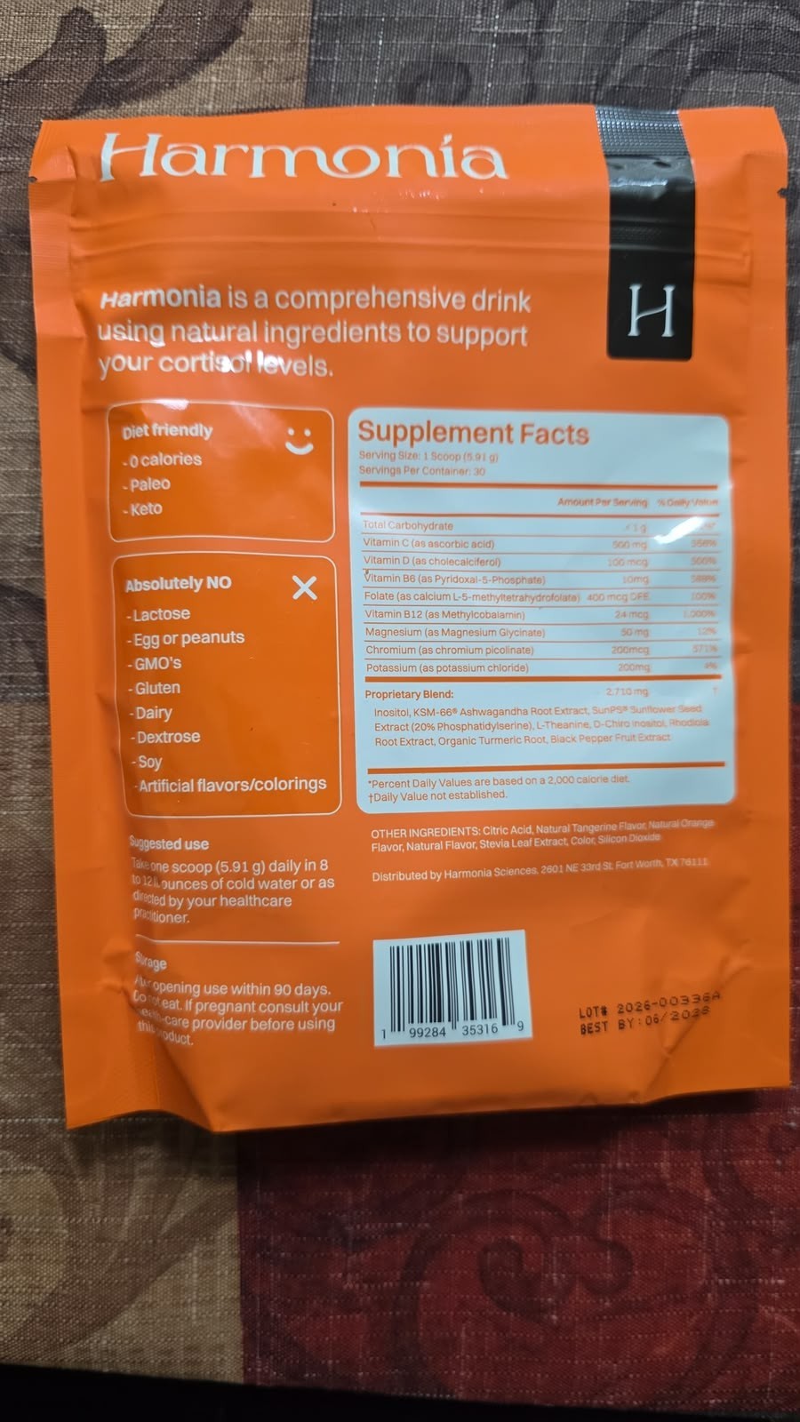 Harmonia Cortisol Support Stress Sugar-Free Orange Powder 30 Ser6.25oz Pack of 3