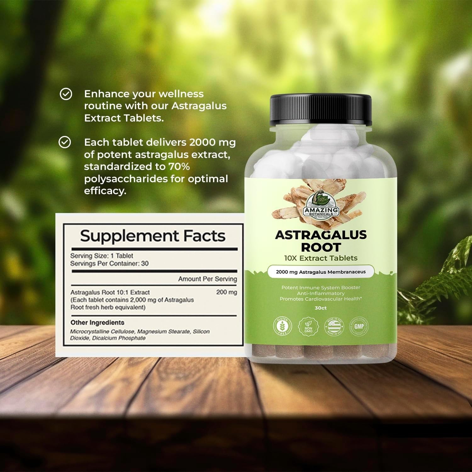 Astragalus Extract Tablets 2000mg 10X 70% Polysaccharides 30 Count Herbal Supple