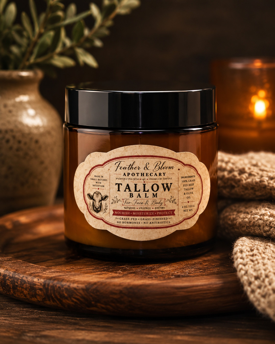 Tallow Balm, 4-ounce Amber Glass Jar, Skin, Frankincense & Myrrh & Peppermint