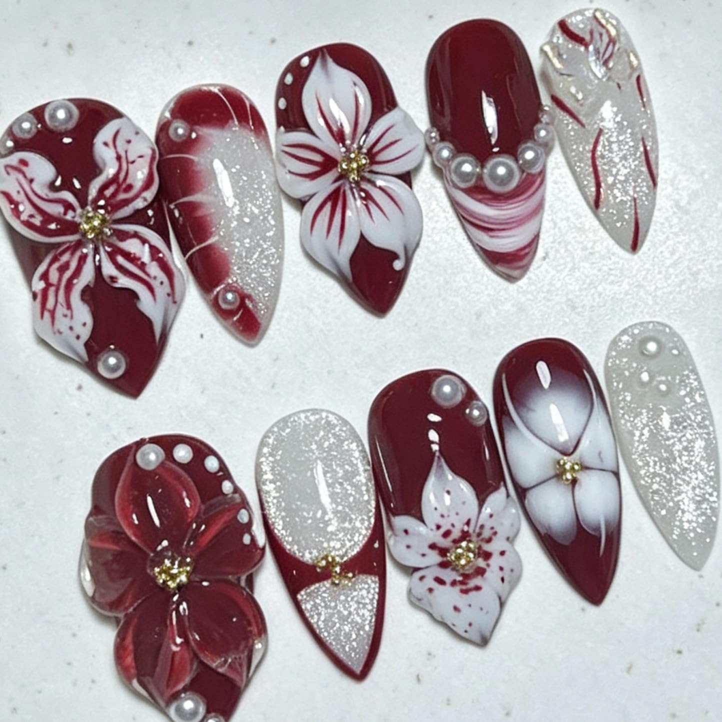 30Pcs Flower Press on Nails Medium Almond Fake Nails 3D Floral with Pearl Design
