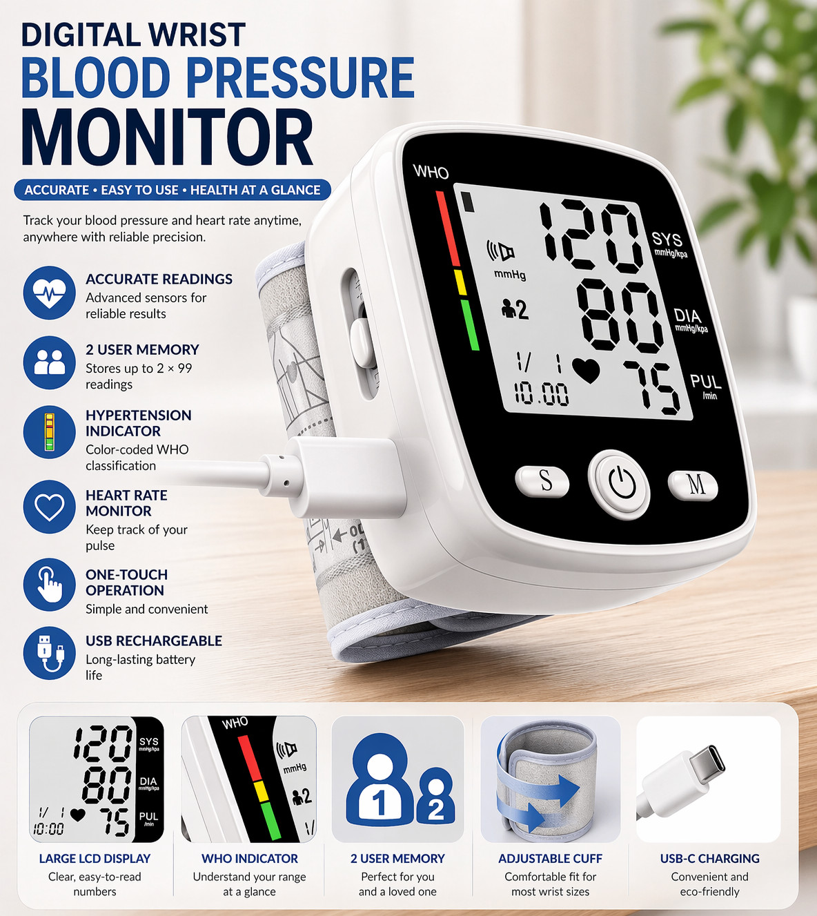 Blood Pressure Monitor with Carrying Case Portable – Easy to Use