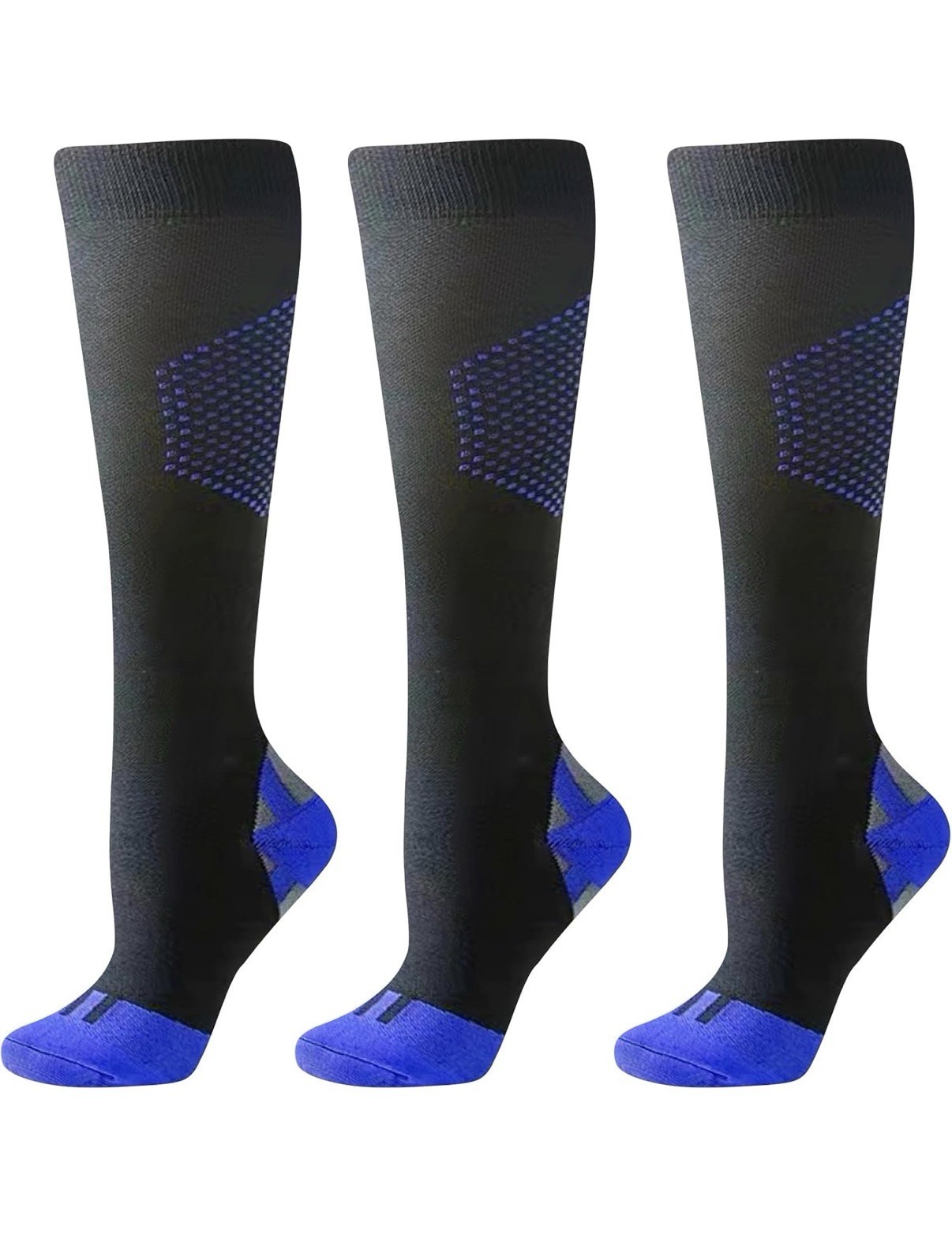 Compression Socks Adult Unisex Black Blue Women Men Nurse 3 Pair 20-30 mmHg Lg L