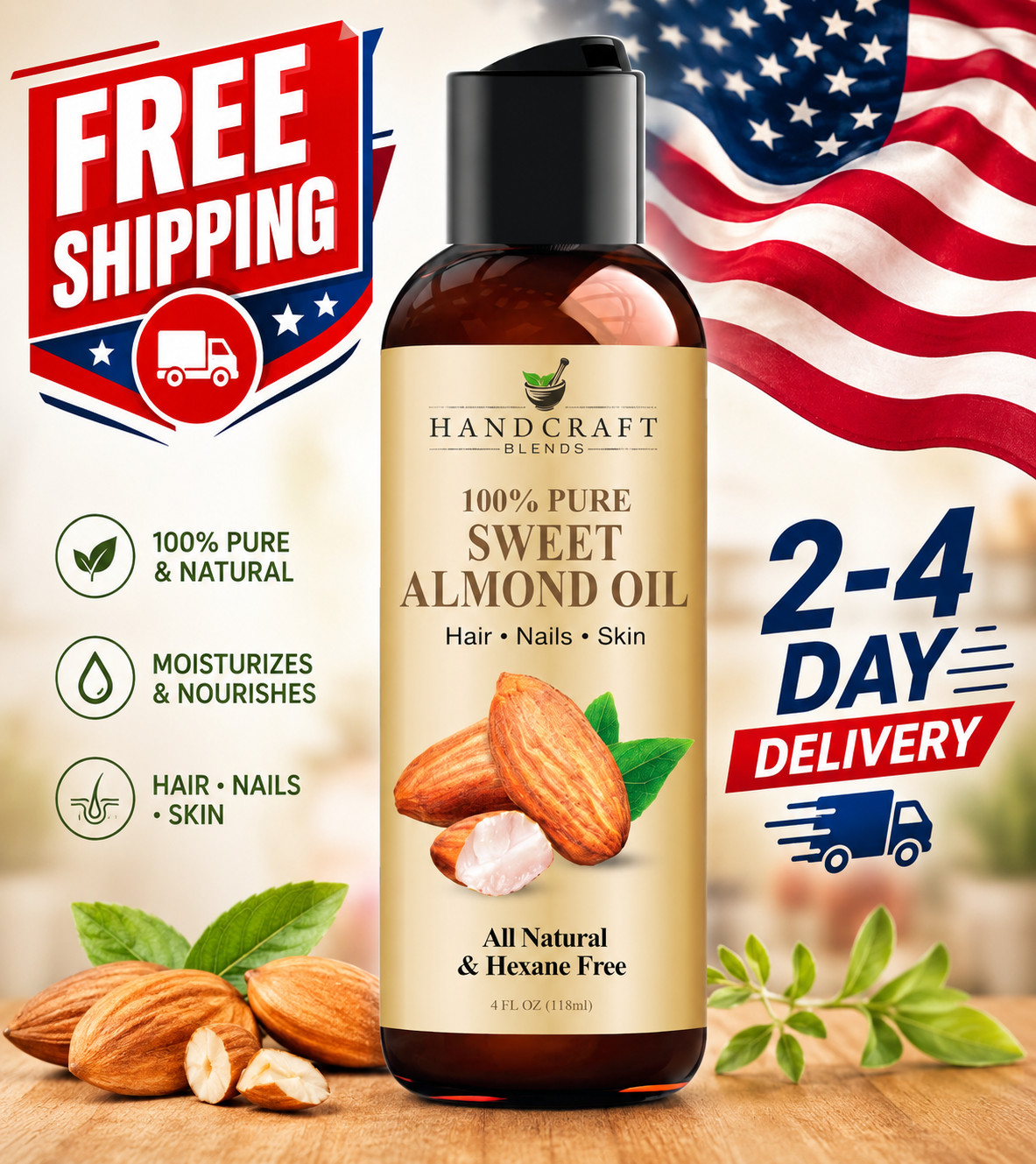 Handcraft Blends Sweet Almond Oil – 4 Fl Oz – 100% Pure and Natural