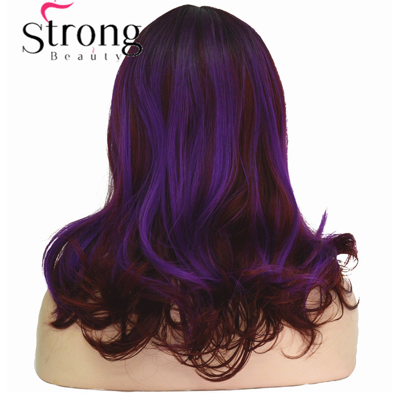 Medium Wavy Dark Purple Highlights Center Part No Bangs Synthetic Party Wig