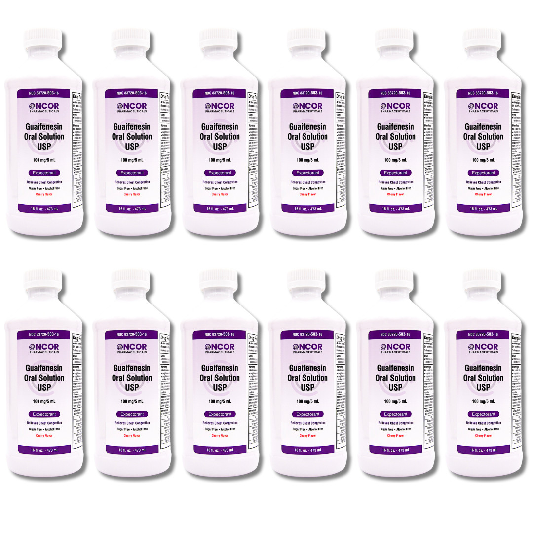 Guaifenesin Liquid 100 mg/5 mL – 16 fl oz (12 Pack) | Oncor | No DM Expectorant