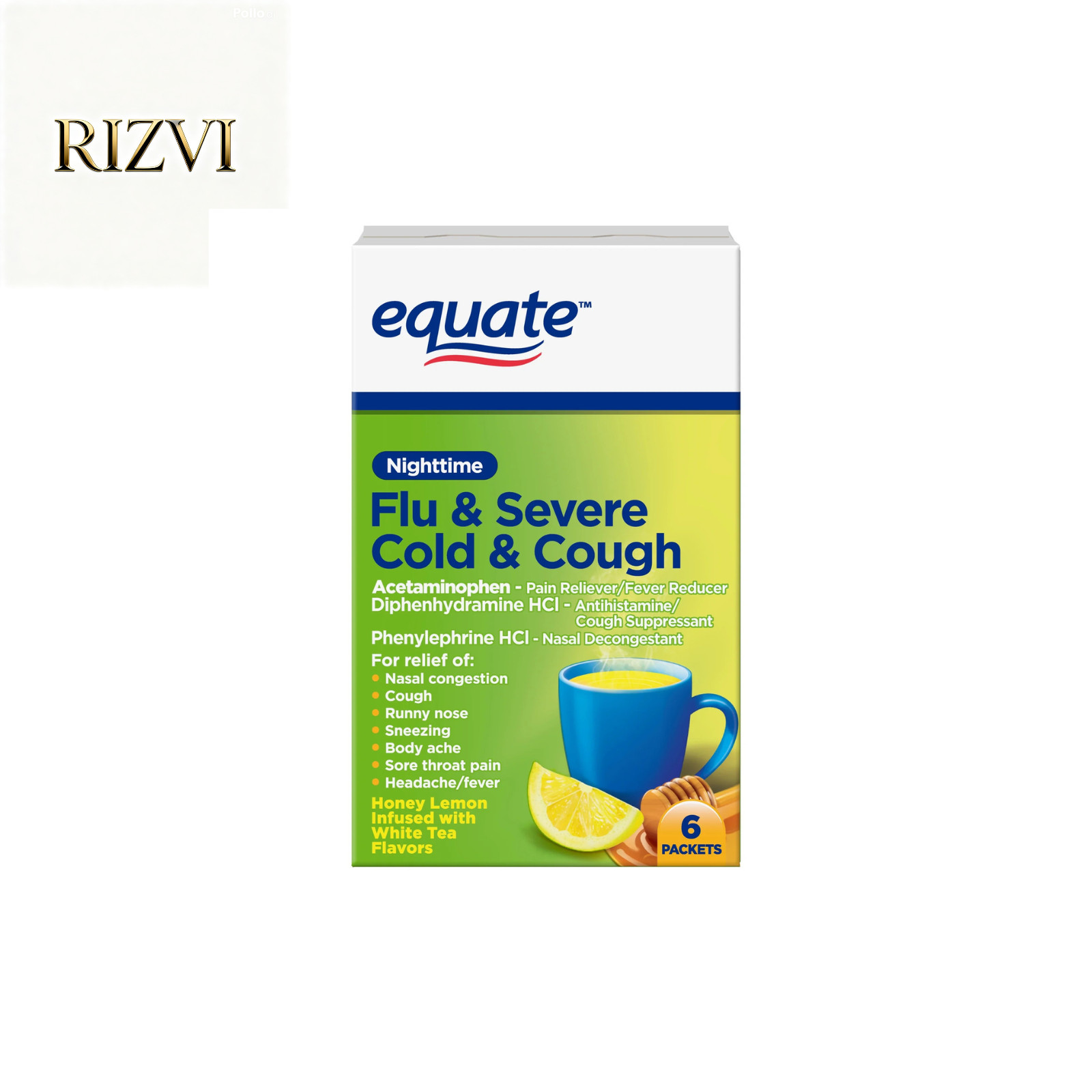 Equate Nighttime Severe Cold, Cough & Flu Relief Powder Packets, Honey Lemon6ct