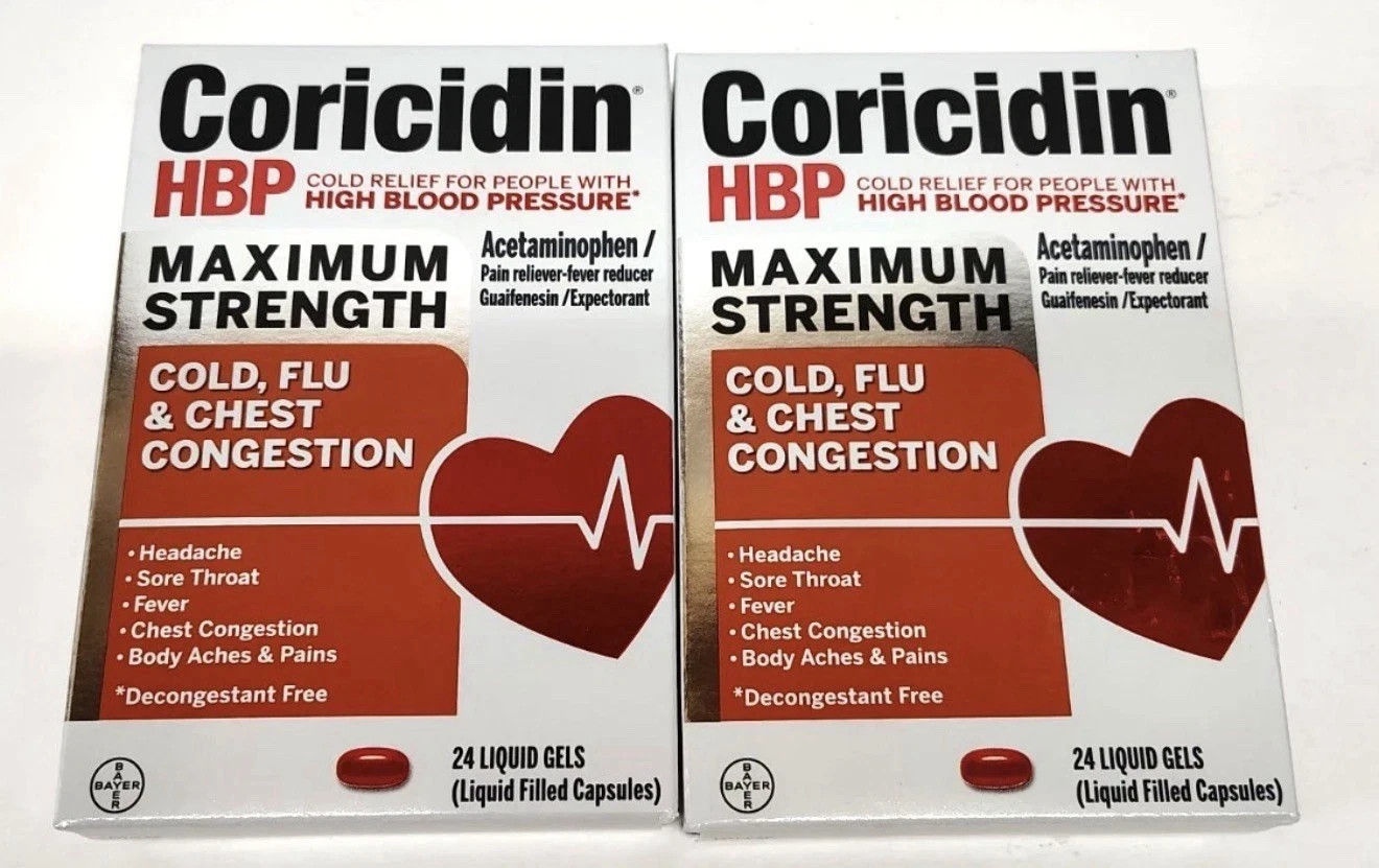 2 pack Coricidin HBP Maximum Strength Cold Flu Chest 24 Liquid gel caplets