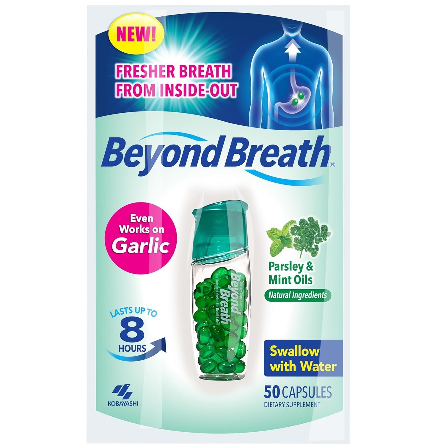 Breath Freshening Capsules, Works on Garlic Bad Breath, Lasts 8 Hours, 50 Caps