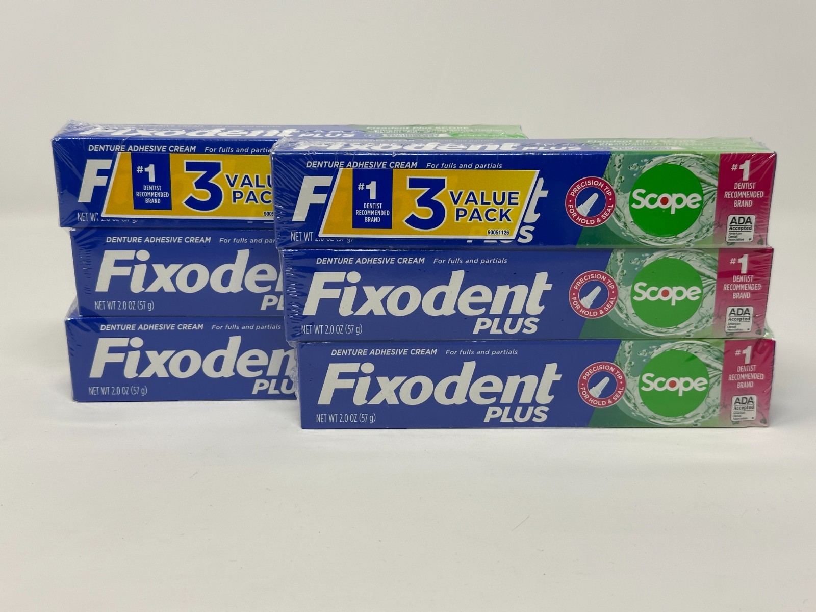 NEW 6-PACK Fixodent Plus Scope Denture Adhesive Cream, Precision Tip, 2.0 oz ea