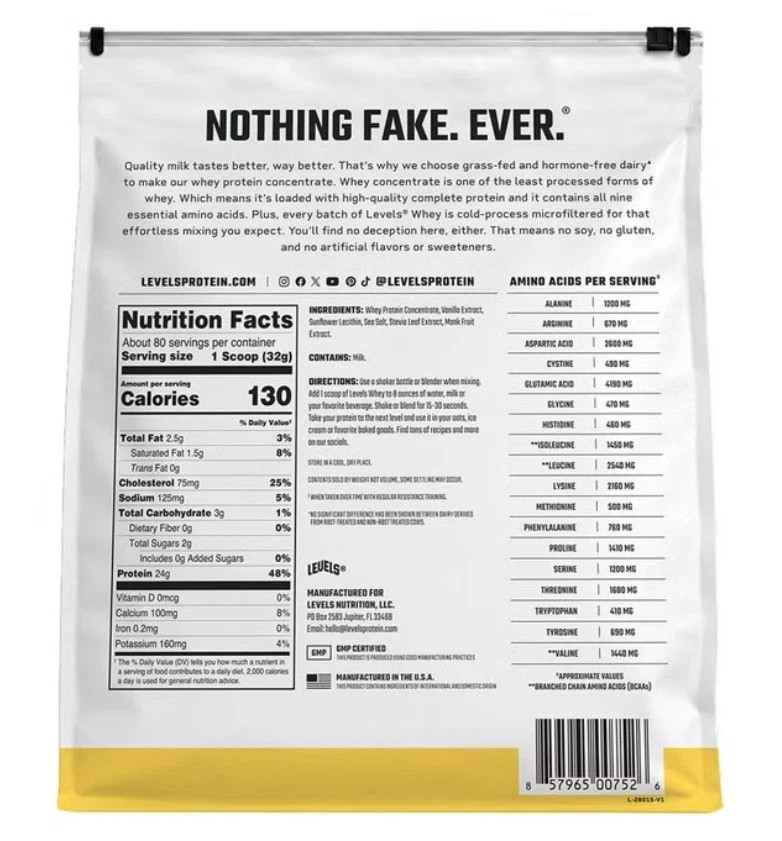 Levels Grass Fed Whey Protein, Vanilla Bean, 5.64 lbs NEW
