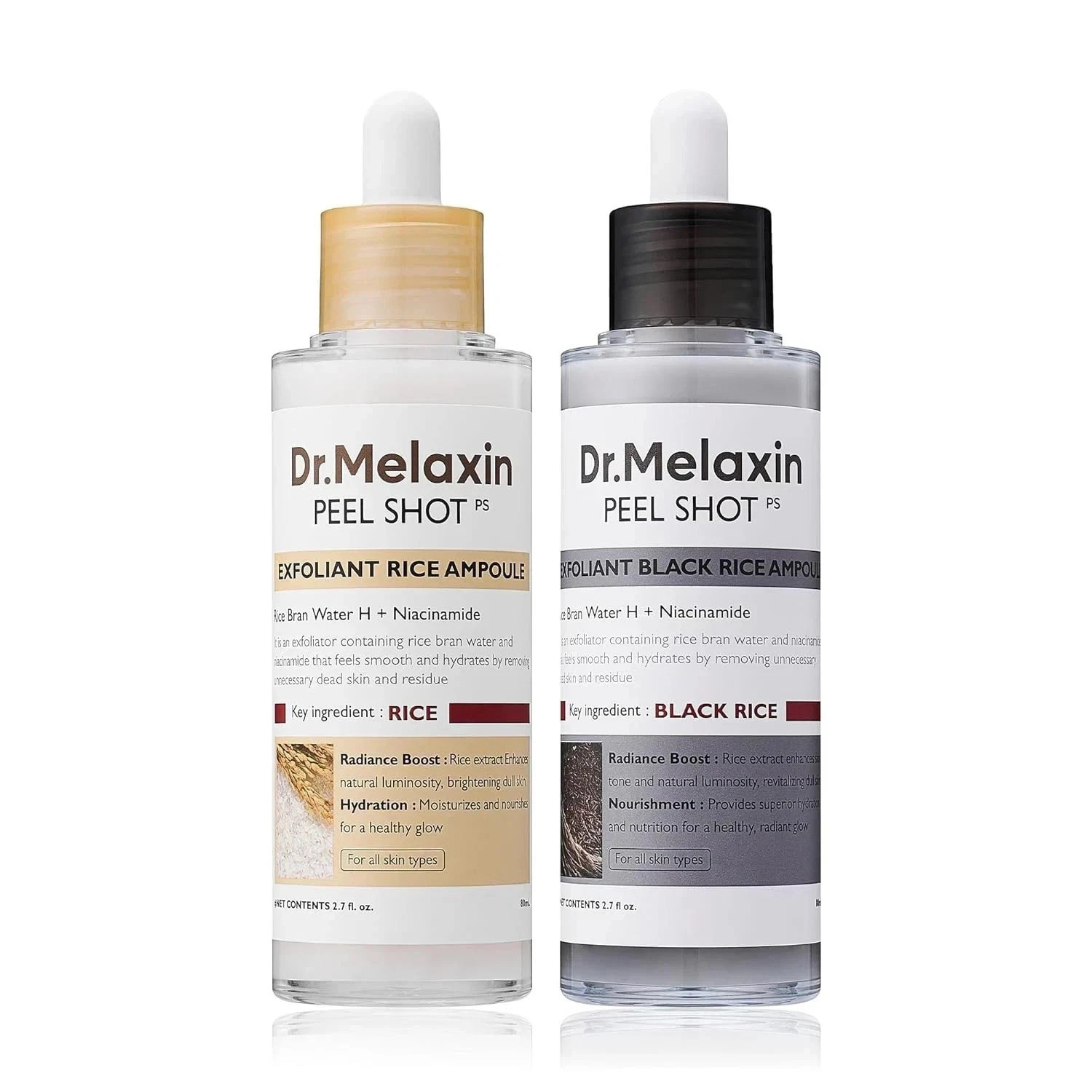 Dr.Melaxin Peel Shot Glow White and Black Rice Ampoule Duo Soft Exfoliating Acid