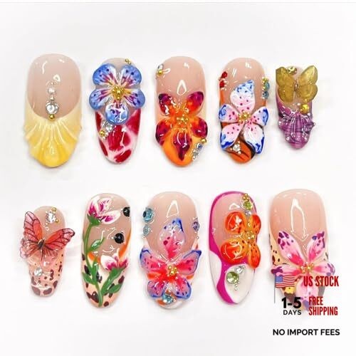 24Pcs Flower Press on Nails Medium Almond Fake Nails with 3D Colorful 3D-2