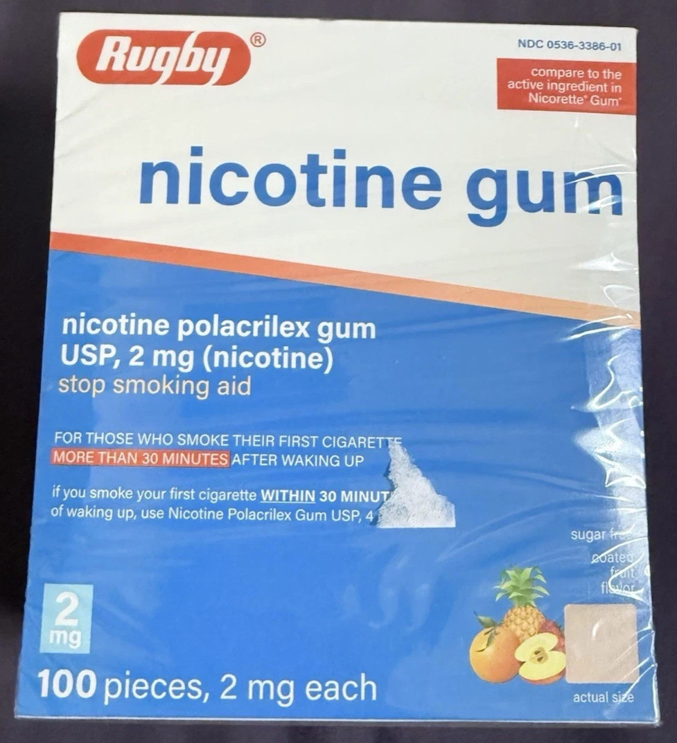 Rugby Nicotine Gum 2 mg Coated Fruit Flavor Sugar-Free 100 Count New Exp 04/2028
