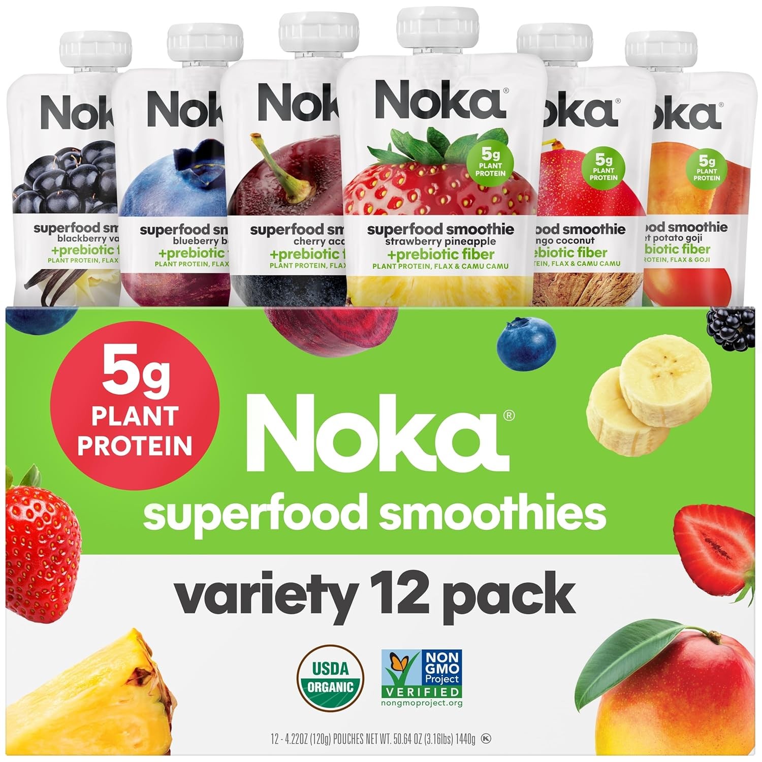 Noka Organic Superfood Smoothie Pouches, Healthy Snacks, Variety Pack 12pk | Pla