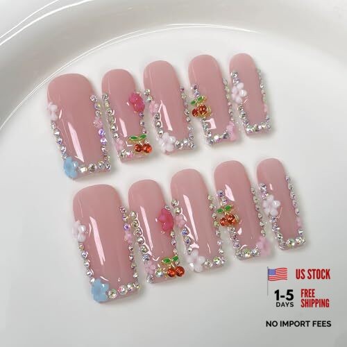 Handmade Press on Nails Long Square Fake Nails with 3D Cherry Pink SGJ1-10