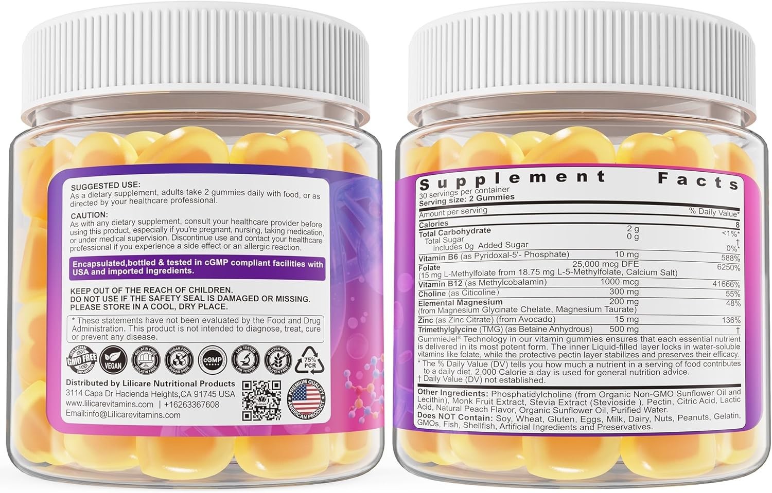 L-MethylFolate 15mg 7.5mg & B12 1000 mcg Gummies,Sugar Free Complex + TMG, Ma