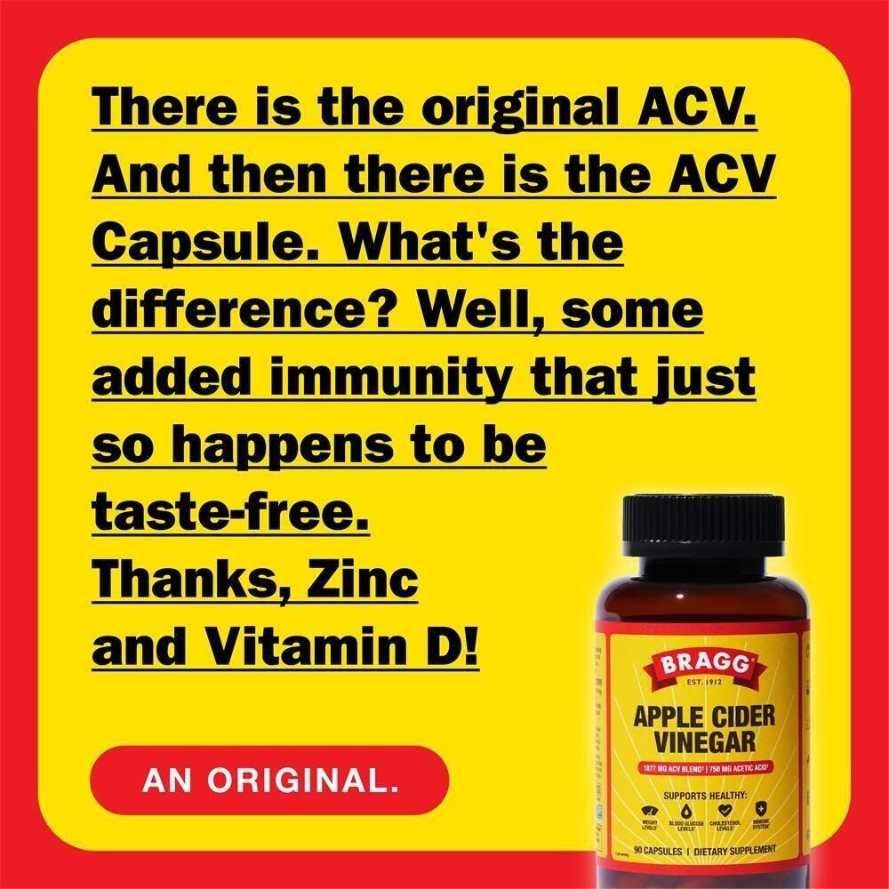 Bragg Apple Cider Vinegar Immune System Support Vitamin D3 Zinc 90 Capsules