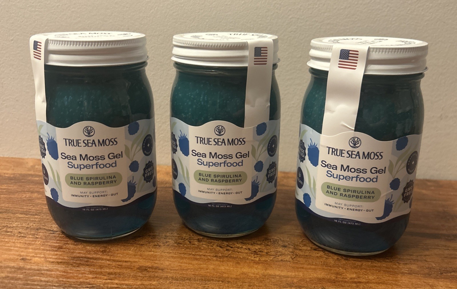 3x True Sea Moss Gel Superfood Blue Spirulina and Raspberry 16 fl oz EXP 12/2026