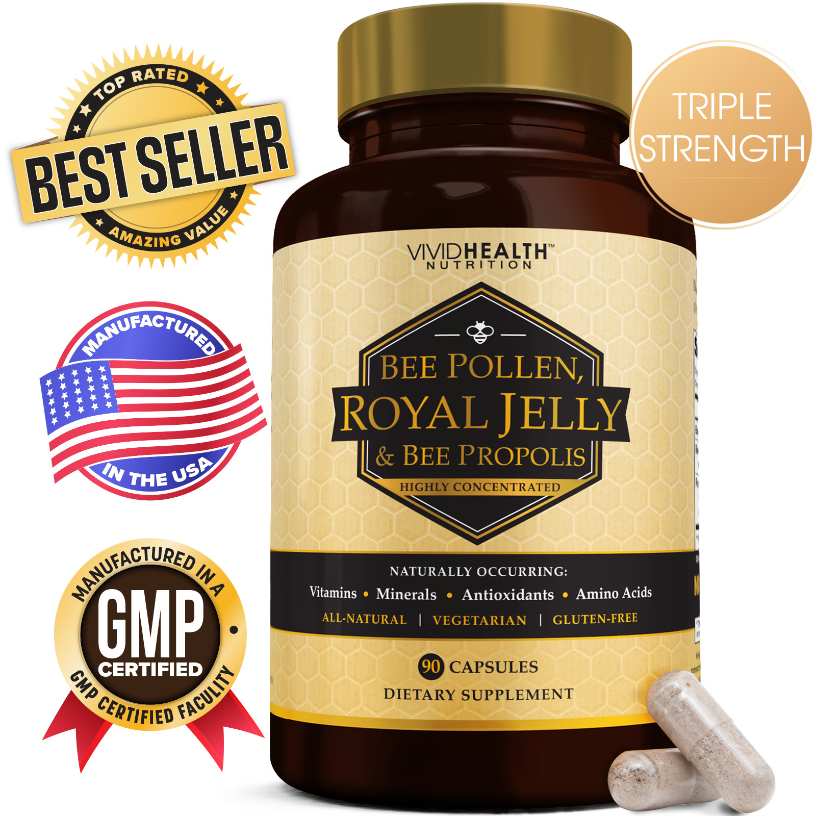 ROYAL JELLY Supplement w/ BEE POLLEN & PROPOLIS Immune System Booster raw pure
