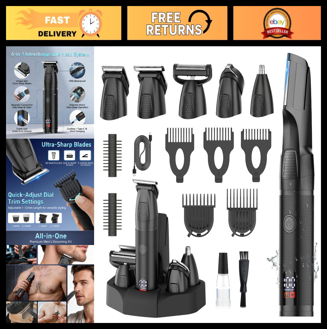 Waterproof Body & Beard Trimmer Kit for Men – Groin & Hair Grooming Tool