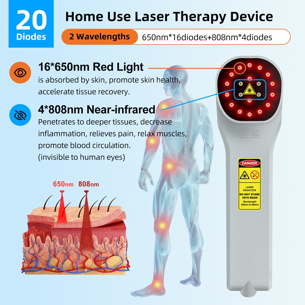 Handheld Cold Laser Therapy Device 650nm 808nm 20 Diodes for Human Pet Home Use