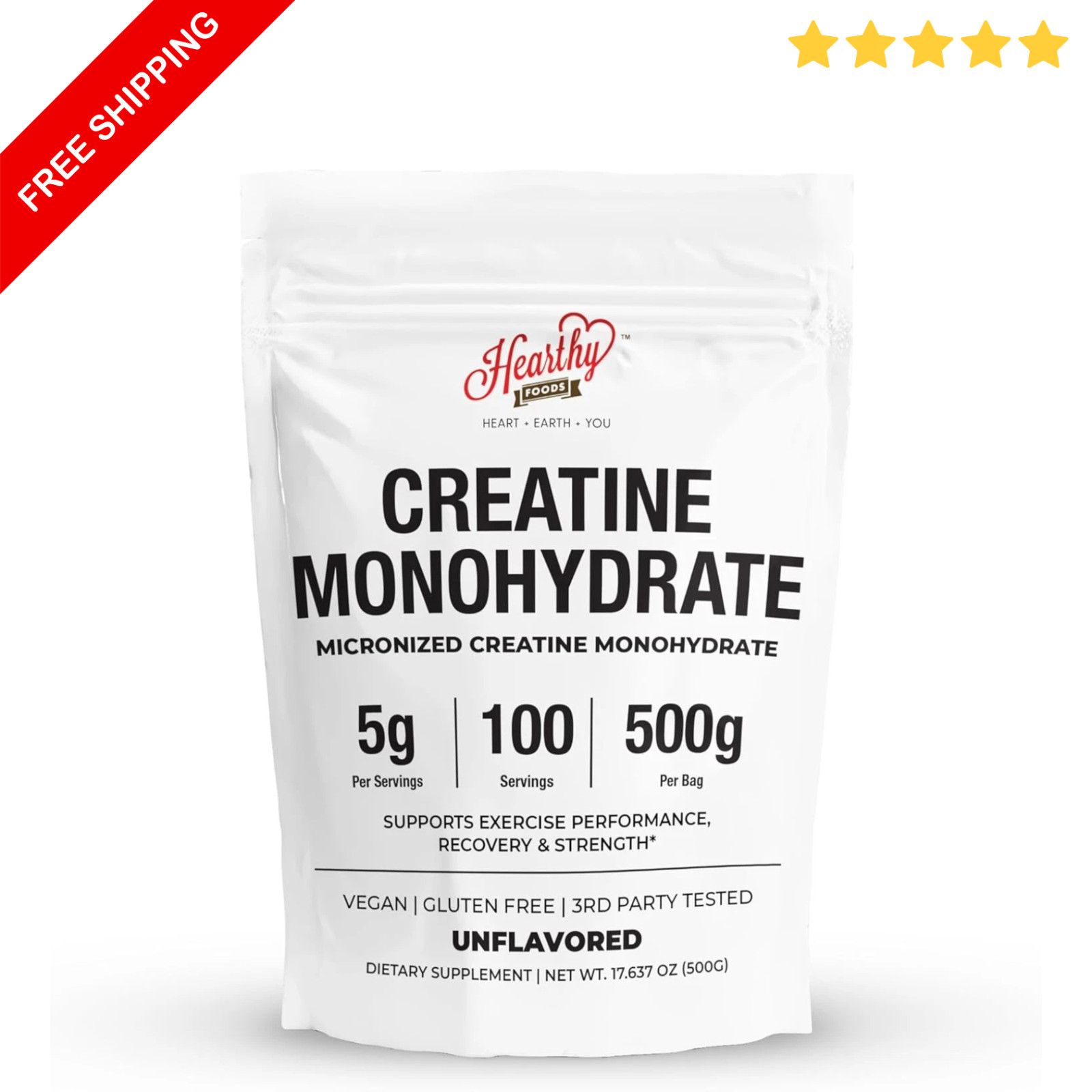 HEARTHY FOODS Creatine Monohydrate Micronized Powder 500G – 100 Servings, 5000mg