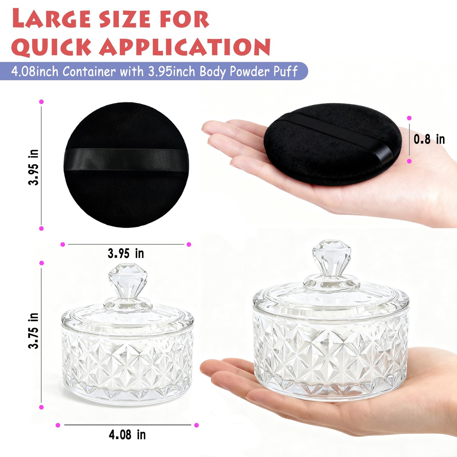 Body Powder Puff Set – 2 Large Ultra-Soft Puffs with Glass Container – Bath